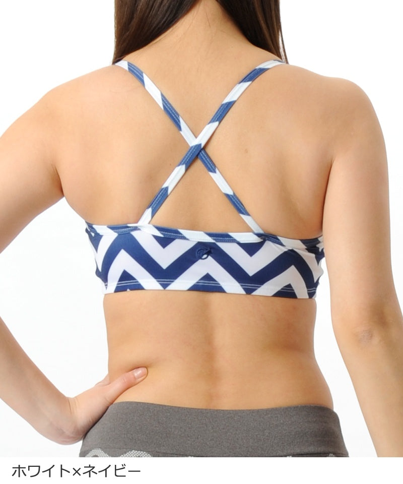 【シミ有り】 【0106】総柄 スポーツブラ フィットネスウェア OM-I011T G-FIT ジーフィット Mサイズ ホワイト×ネイビー アウトレット