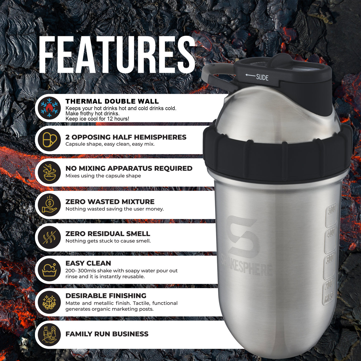 ShakeSpher プロテインシェイカーボトル 700ml タンブラー ダブルウォール スチール