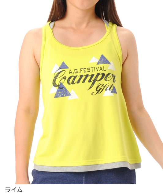 【シワ有り】 【0122】重ね着風 タンクトップ フィットネスウェア OM-C871TT Lサイズ ライム G-FIT ジーフィット アウトレット