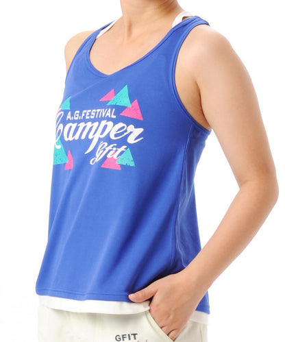 【シワ有り】【0173】重ね着風 タンクトップ フィットネスウェア OM-C871TT G-FIT ジーフィット Mサイズ ブルー アウトレット