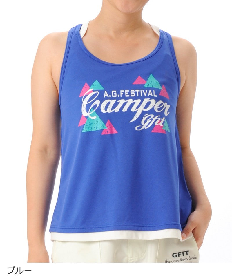 【シワ有り】【0173】重ね着風 タンクトップ フィットネスウェア OM-C871TT G-FIT ジーフィット Mサイズ ブルー アウトレット