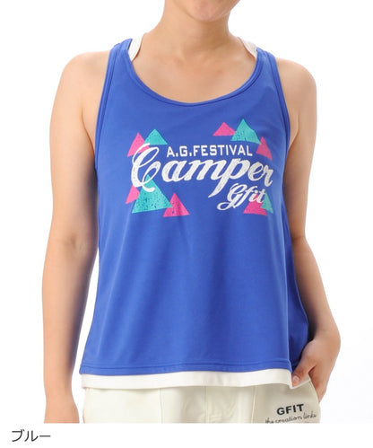 【シワ有り】【0173】重ね着風 タンクトップ フィットネスウェア OM-C871TT G-FIT ジーフィット Mサイズ ブルー アウトレット